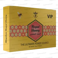 A 3D rendering of the Royal Honey VIP box from a slightly different angle from the left. The image shows the front of the box with the "Royal Honey VIP" logo and honeycomb pattern, as well as the side panel with "Kingdom Royal Honey" and a bee icon.