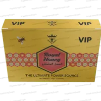 A clear, flat-lay image of the front of a Royal Honey VIP box. The goldenrod yellow background has a honeycomb pattern and a central maroon hexagon with "Royal Honey" in a decorative font. The top of the box is also visible, with the "VIP" text and a small crown logo.