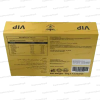 A close-up shot of the back and top of the Royal Honey VIP box. This image details the Nutrition Facts, ingredients, manufacturer information, and the barcode on the back, while the bottom panel features the "VIP" text.