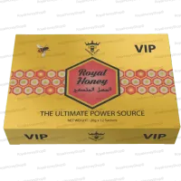A 3D rendering of the Royal Honey VIP box, showing the front, top, and bottom. The front of the box features the "Royal Honey VIP" logo and a honeycomb pattern, and the bottom panel also has a "VIP" logo.