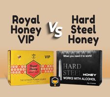 Two boxes of honey packs which are Royal Honey VIP and Hard Steel Honey stand front of each other to compare between both