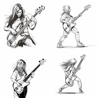 Images & stencils of Female Electric Bass Guitar Musicians Playing