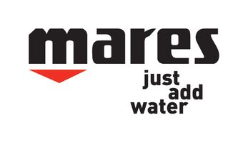 "Een logo van Mares, een merk dat duikuitrusting produceert, met de slogan 'Just Add Water'. Het ontwerp straalt avontuur en de verkenning van de onderwaterwereld uit."