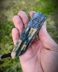 Custom knife with natural mammoth tusk bark ivory handle scales