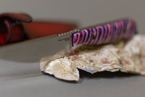 Mammoth tooth inlay knife with stabilized fossil handle material, showcasing natural prehistoric patterns and rich earthy tones, crafted for custom knifemaking and collectors