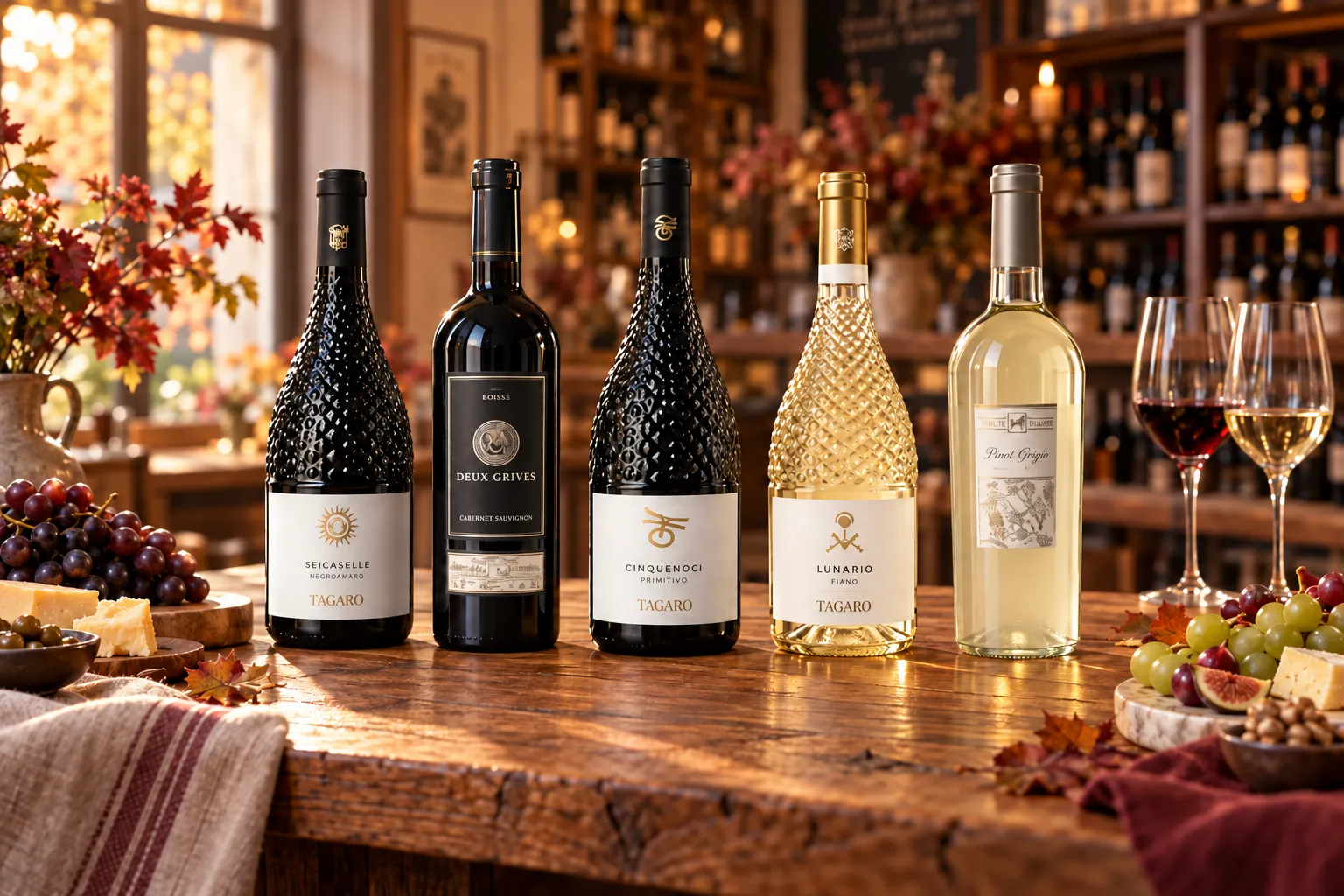 Vijf geselecteerde wijnen op een warme herfstproeftafel: Negroamaro, Deux Grives, Primitivo, Fiano en Pinot Grigio
