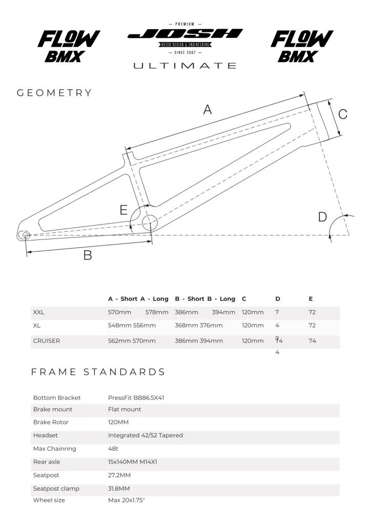 Josh carbon BMX frame geometrie tabel