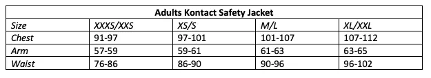 Kenny maattabel safety jacket