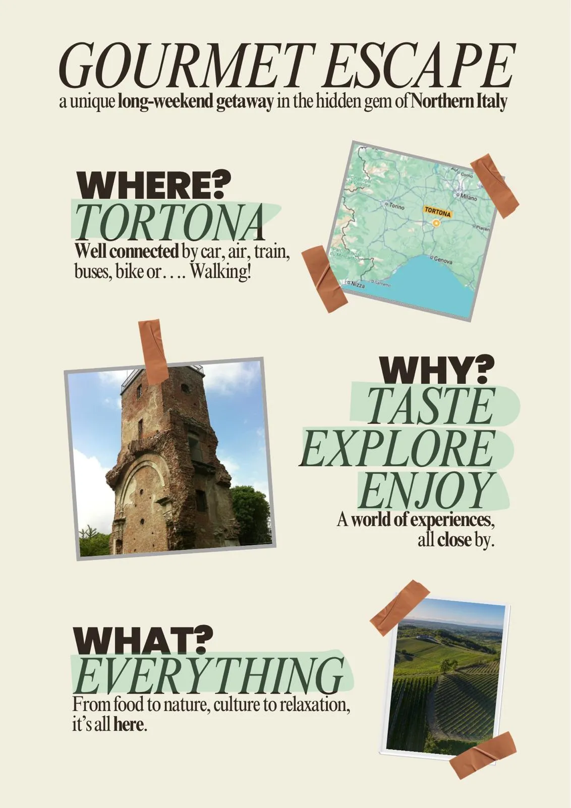 Gourmet Escape promotional poster for Tortona, Northern Italy, featuring a map of the region with Tortona highlighted, images of ancient architecture and vineyard landscapes, with text describing it as a culinary and cultural destination. Do not generate human shapes.