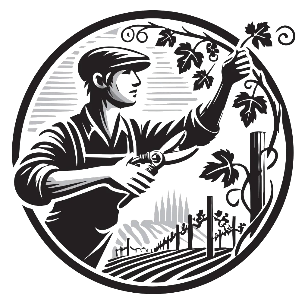 Vineyard logo featuring a person tending to grape vines with pruning shears against a backdrop of vineyard rows. Black and white circular emblem with decorative grape leaves. No human faces should be recognizable.