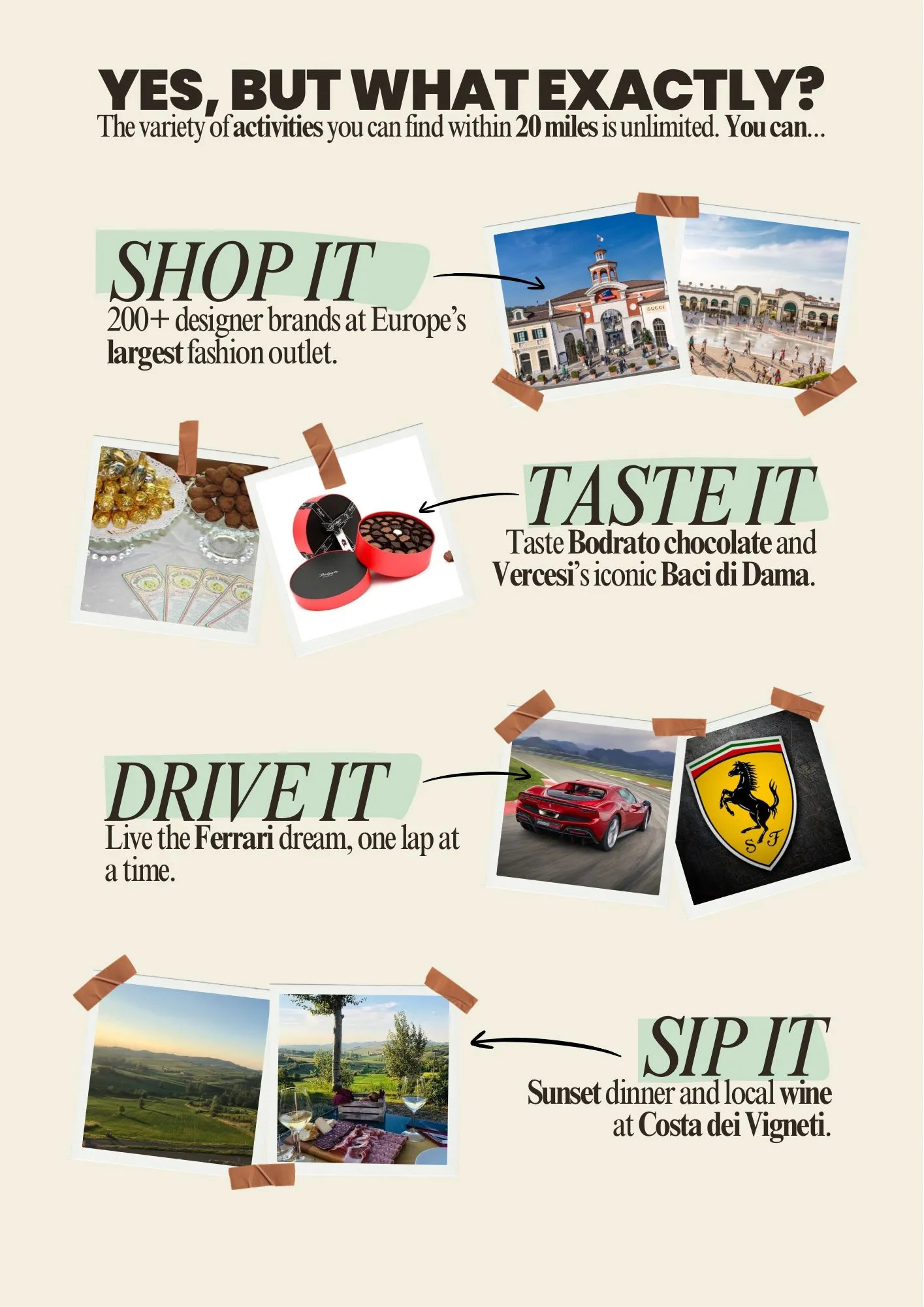 Gourmet Escape promotional poster showing a travel guide to Tortona in Northern Italy, featuring images of ancient architecture and vineyard landscapes with sections about where to go, what to do, and why to visit. No human shapes to be included.