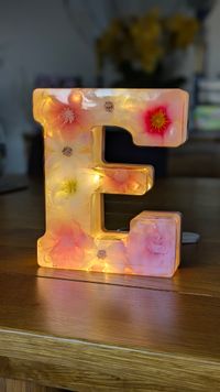 The letter E made from resin with artificial flower design, inset with LED lights