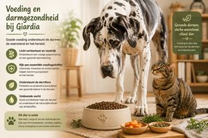 Infographic over voeding en darmgezondheid bij Giardia met een Duitse Dog en kat