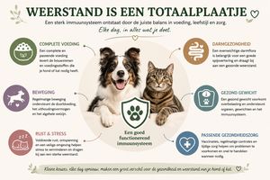 Infographic over weerstand bij honden en katten met zes factoren die een goed functionerend immuunsysteem ondersteunen: complete voeding, darmgezondheid, beweging, gezond gewicht, rust en passende gezondheidszorg.