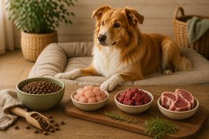 Hond met hondenvoer en verschillende dierlijke eiwitbronnen zoals kip, rund en lam.
