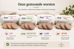 Gestoomde hondenworst van HonKa Natural Petfood in de varianten kip, kip/rund, lam en rund