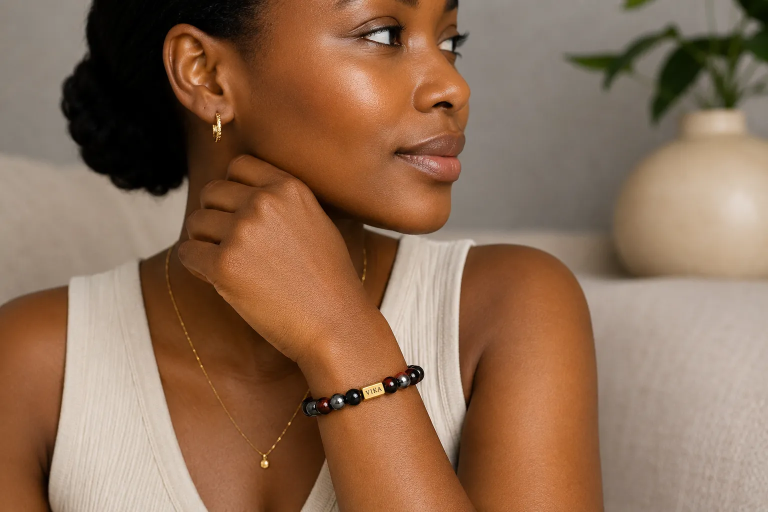 Clear Quartz bracelet on wrist 