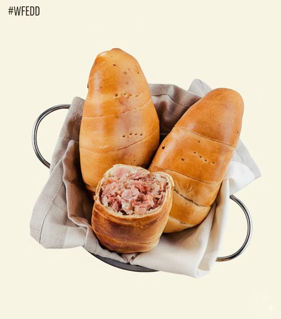 Traditional cachitos venezuelanos with golden crust and meat filling, served on a cloth napkin with vibrant orange background. No human shapes.