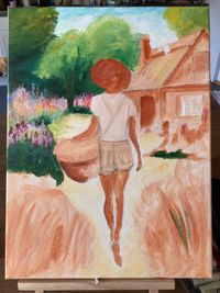 Onderschildering van een handgeschilderd schilderij in wording door Studio Lof, met figuur, bloemen en landelijk landschap