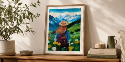 Ingelijste kunstprint van een handgeschilderd landschap in een rustig interieur.
